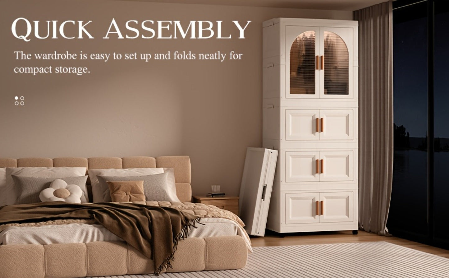 Portable Folding Wardrobe Cabinet with Caster Wheels, Hanging Section and Two Exact Layer Options