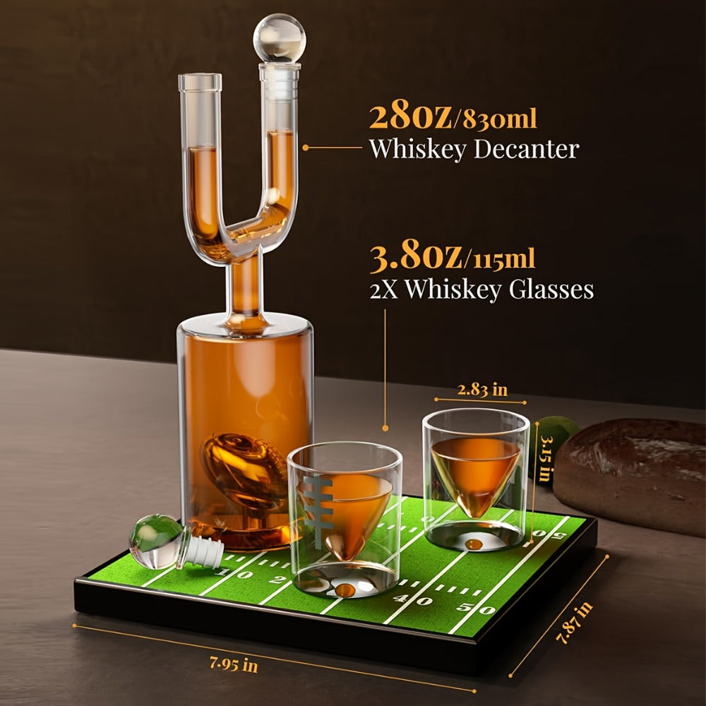 Football Goalpost Whiskey Decanter Set with 28 oz Bottle, Two 3.8 oz Game-Day Glasses and Field Display Base