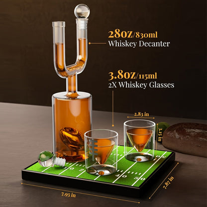 Football Goalpost Whiskey Decanter Set with 28 oz Bottle, Two 3.8 oz Game-Day Glasses and Field Display Base