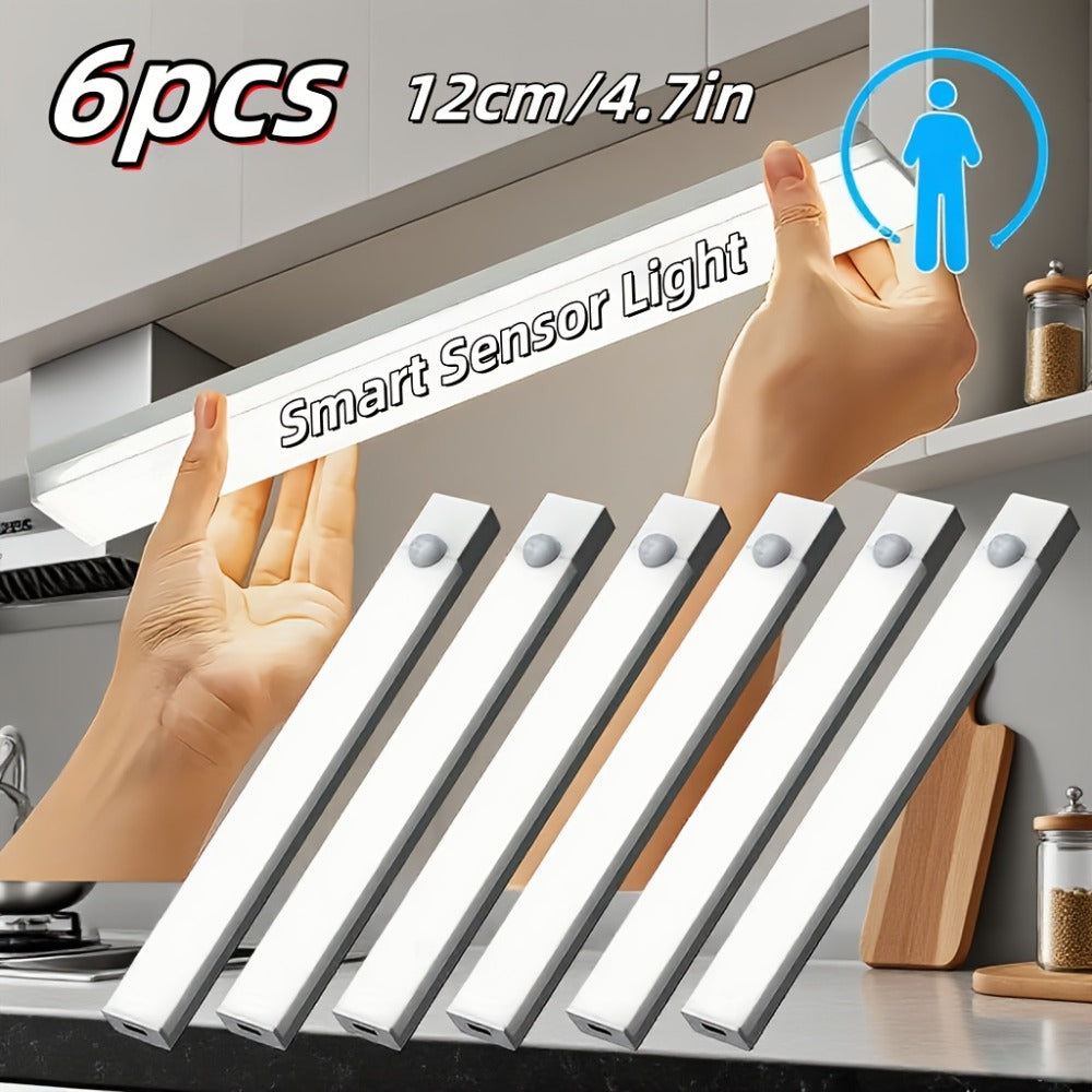 Six-Pack 12 cm Motion Sensor Cabinet Lights with USB Rechargeable Power, Magnetic Mounting and Three Modes