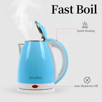 Electric Kettle by ZernBer, 60oz 1000W Stainless Steel Interior with LED Indicator and Heating Base in Blue