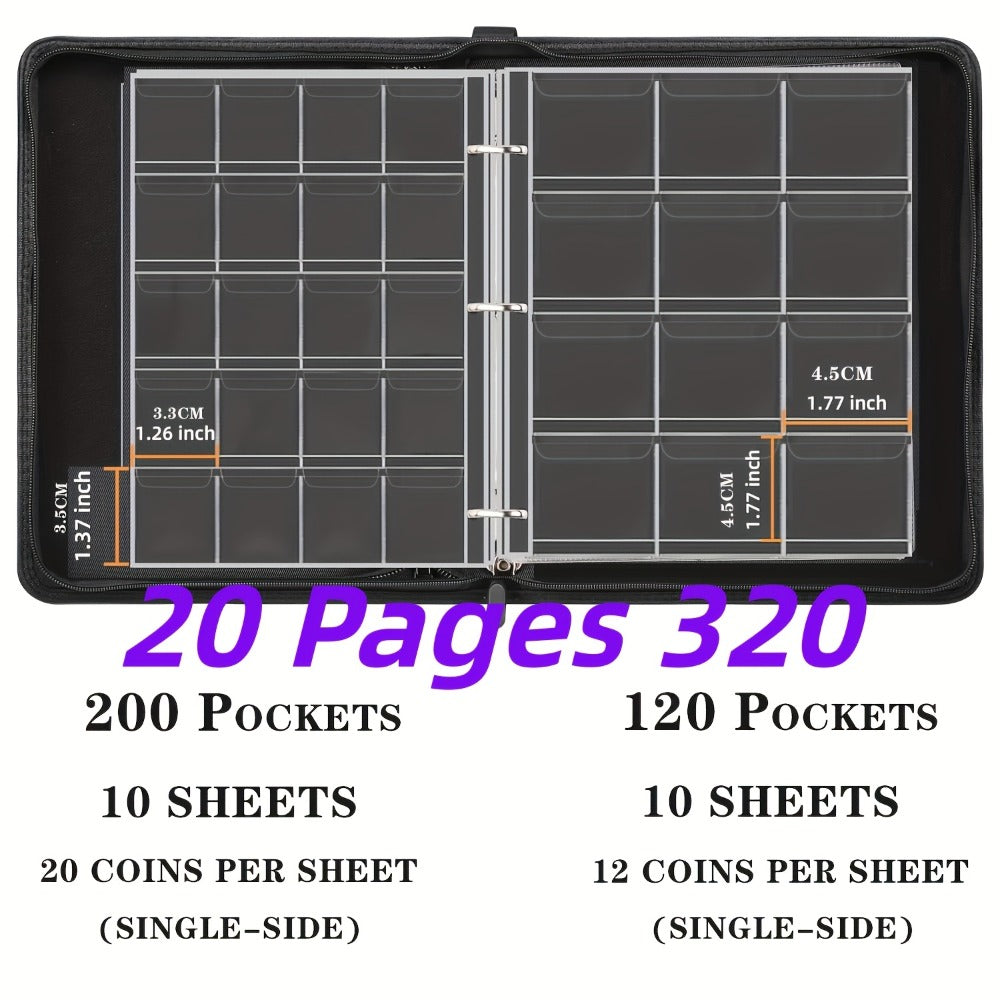 200-Pocket Coin Collection Album with 10 Pages, Zipper Handle and Black or Blue Cover for Adult Collectors
