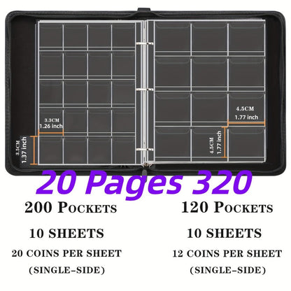 200-Pocket Coin Collection Album with 10 Pages, Zipper Handle and Black or Blue Cover for Adult Collectors
