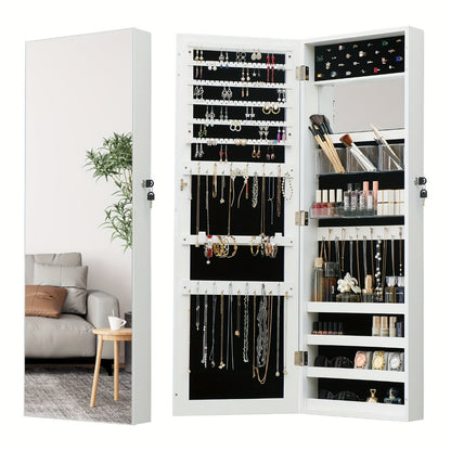 Full Length Mirror Jewelry Armoire Cabinet, 2-in-1 Lockable Over the Door Mirror with Jewelry Storage, Makeup Organizer with Baskets Bins & Hooks, Bedroom Vanity Jewelry Cabinet in Black White Brown