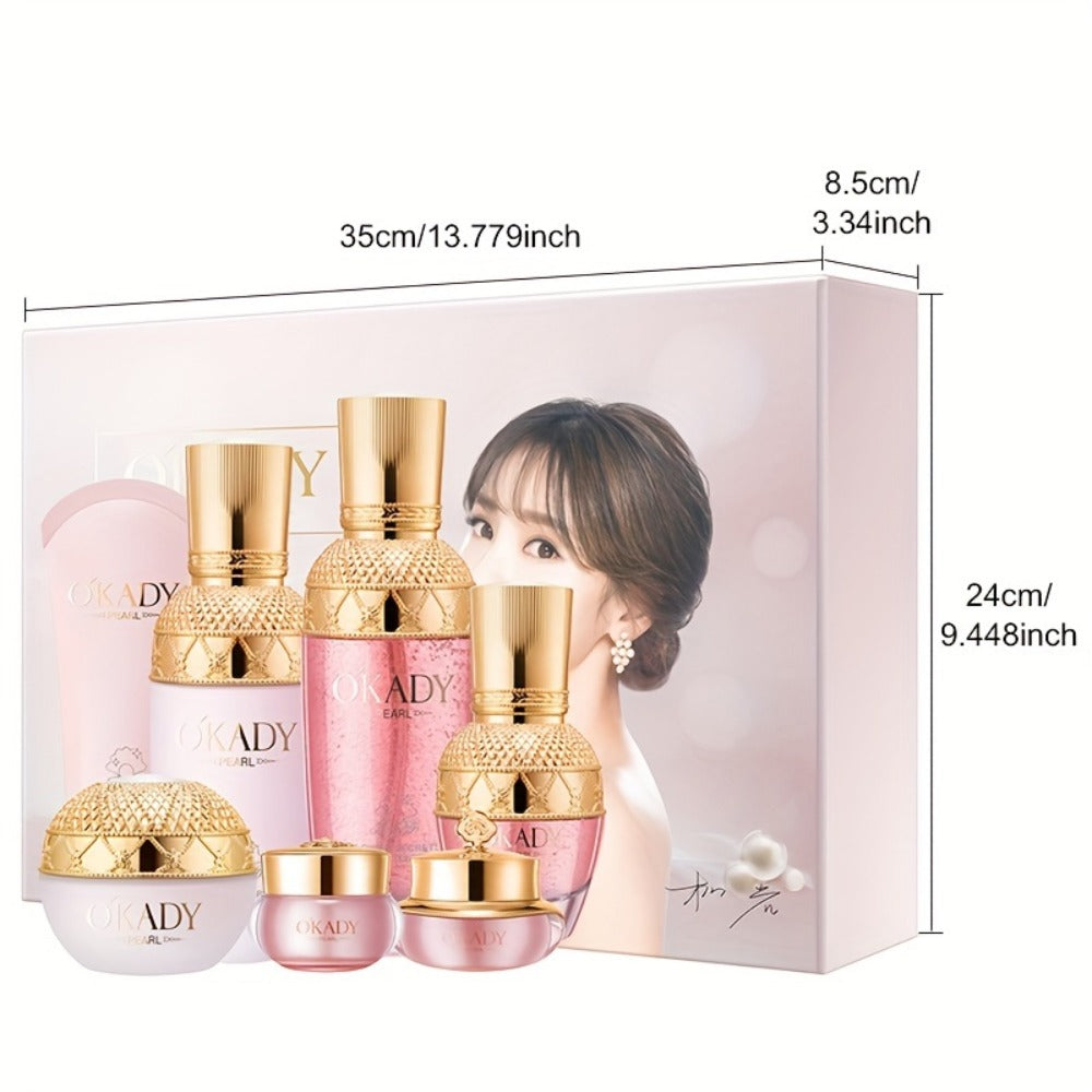 7-Piece Pearl-Themed Skincare Gift Set with Coordinated Facial-Care Bottles and Jars in a Fitted Box