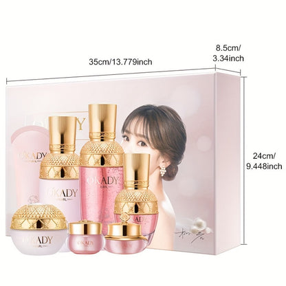 7-Piece Pearl-Themed Skincare Gift Set with Coordinated Facial-Care Bottles and Jars in a Fitted Box