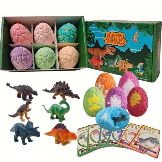Bath Bombs, 6-Piece Dinosaur Surprise Set with Colorful Round Fizzers, Hidden Dinosaur Toys and Gift Box