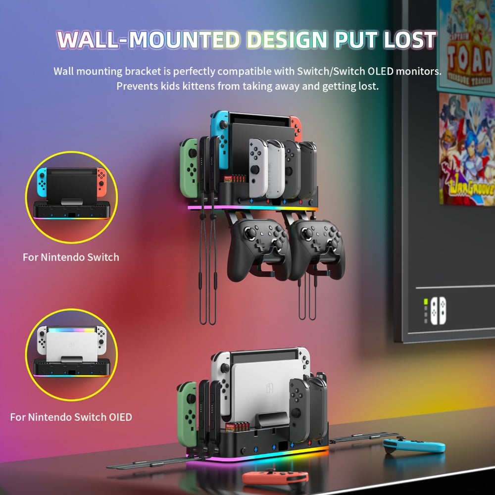 RGB Wall-Mount Organizer Compatible with Switch and OLED, Four Controller Bays, Ten Card Slots and Dual USB Ports