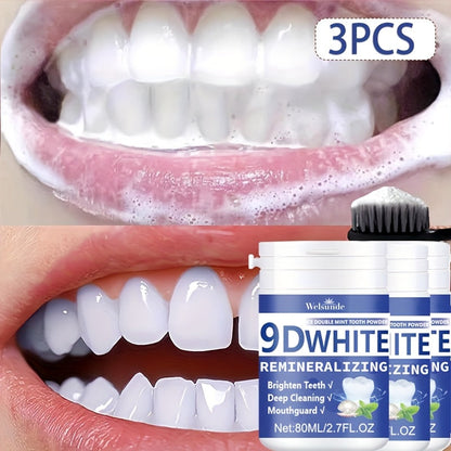 Teeth Whitening Tooth Powder 3-Pack – 9D White Deep Cleaning Dental Powder with Fresh Mint Flavor, 80ml Each, Removes Stains, Freshens Breath, Travel-Friendly Daily Dentifrice for Women and Men
