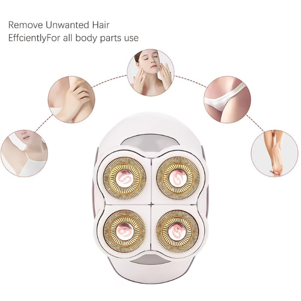 Women's Electric Shaver Full Body Hair Removal 4-Head 360° Rotating Wet Dry USB Rechargeable for Face Bikini Legs Arms Chest Underarms Travel-Friendly with Clipper Attachments