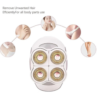Women's Electric Shaver Full Body Hair Removal 4-Head 360° Rotating Wet Dry USB Rechargeable for Face Bikini Legs Arms Chest Underarms Travel-Friendly with Clipper Attachments