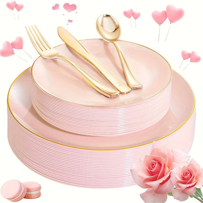 Disposable Plastic Plates Set 50 Piece - Pink Gold Rim Party Tableware with Dinner Plates, Dessert Plates & Utensils for Birthday Wedding Holiday