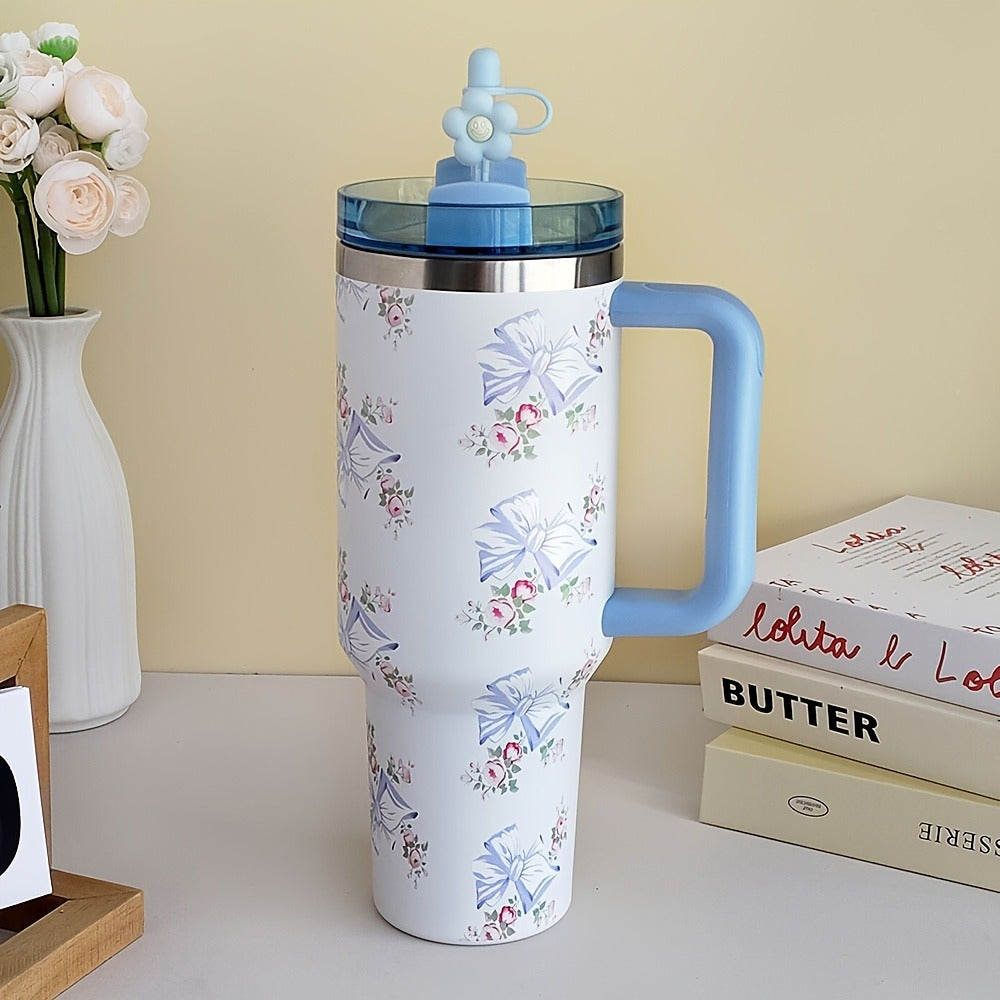 40oz Floral Handled Tumbler with Straw Lid in White, Pink, Blue or Pink Butterfly Checkout Designs