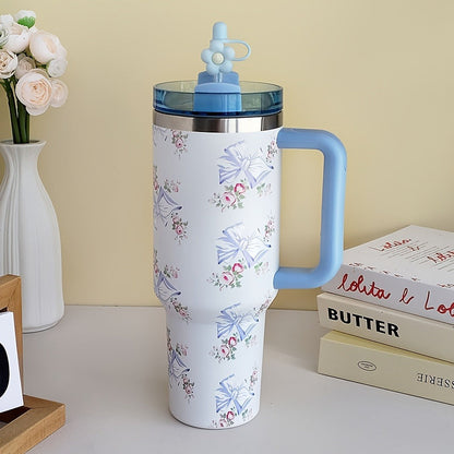 40oz Floral Handled Tumbler with Straw Lid in White, Pink, Blue or Pink Butterfly Checkout Designs