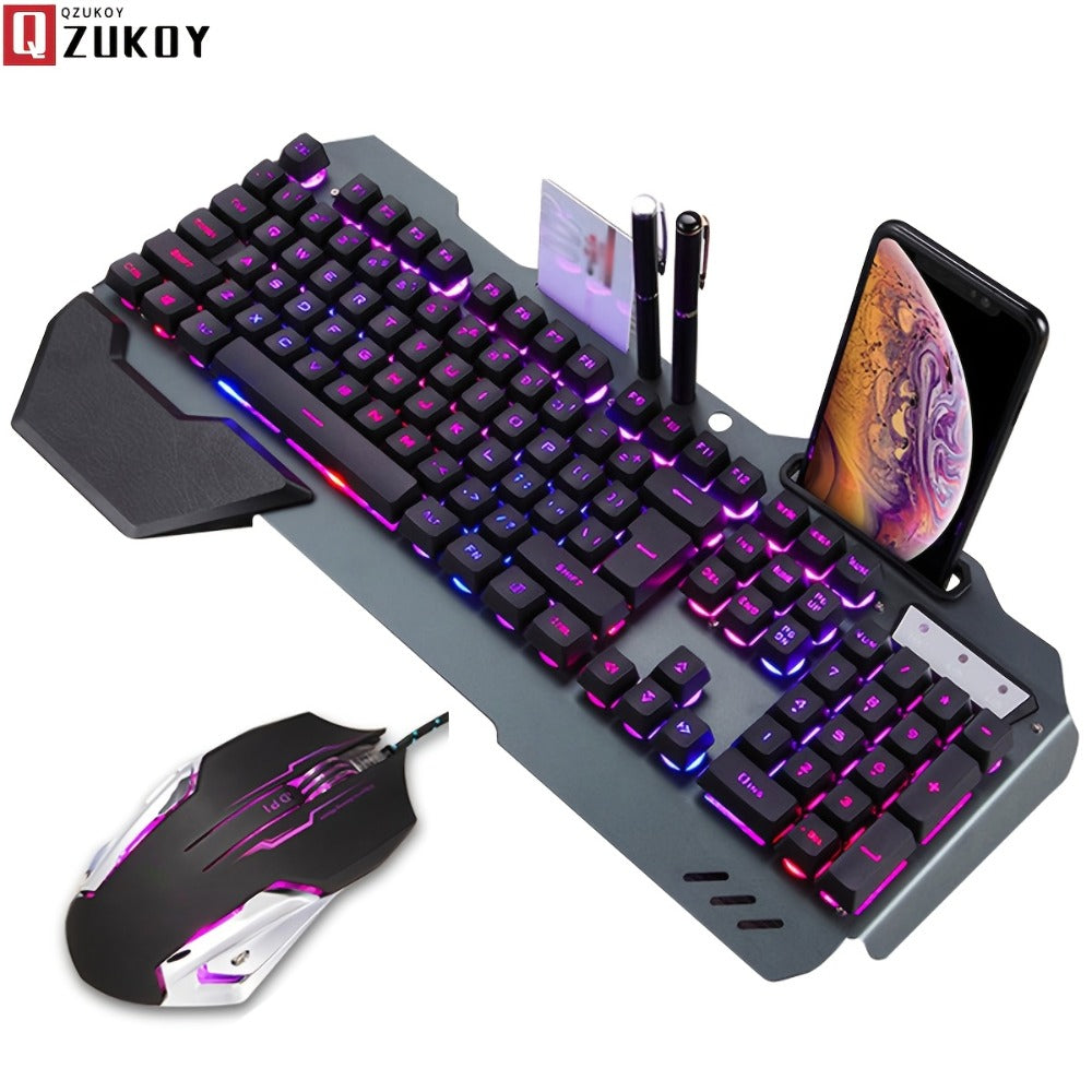 RGB Gaming Keyboard and Mouse Combo with Wrist Rest 16 Backlight Effects Mechanical Feel Aluminum Panel 26-Key Anti-Ghosting 3200DPI Mouse Phone Holder PC Desktop Windows Black