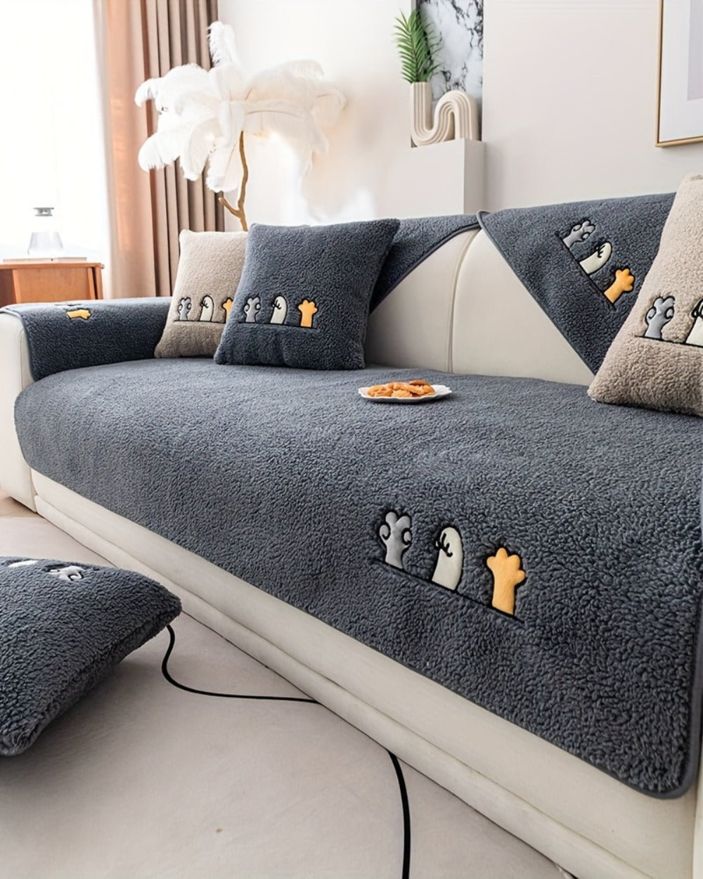 Sofa Cover Thick Plush Shearling Panels with Animal and Bone Embroidery and Non-Slip Feature for 2 to 4 Seats