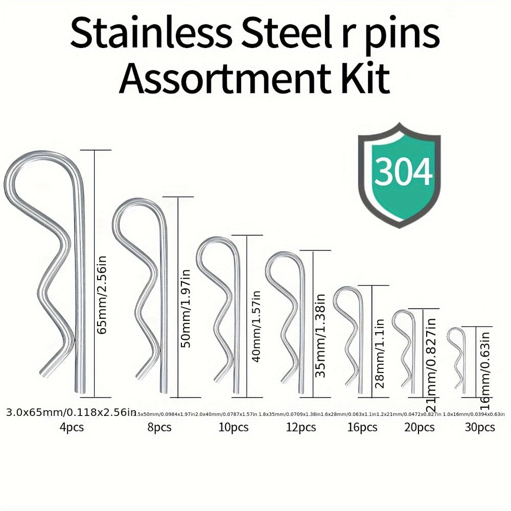 100-Piece 304 Stainless Steel R Cotter Pin Assortment in Seven Sizes with Clear Storage Case