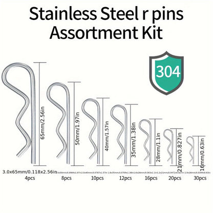100-Piece 304 Stainless Steel R Cotter Pin Assortment in Seven Sizes with Clear Storage Case