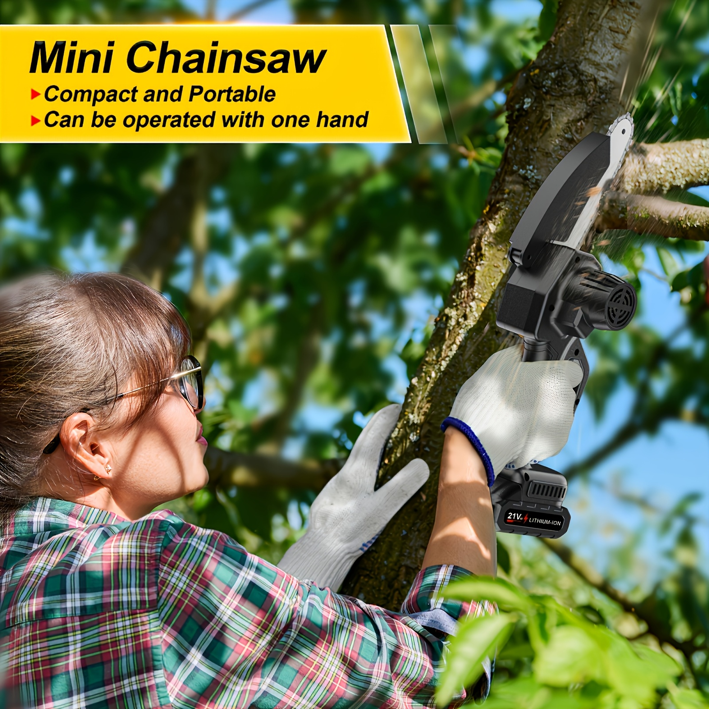 Electric Mini Chainsaw 6-Inch with Debris Guard & Toolbox - Cordless Handheld Pruning Saw with Safety Lock, Rechargeable Battery & Alloy Chain for Tree Pruning, Branch Cutting & Garden Use