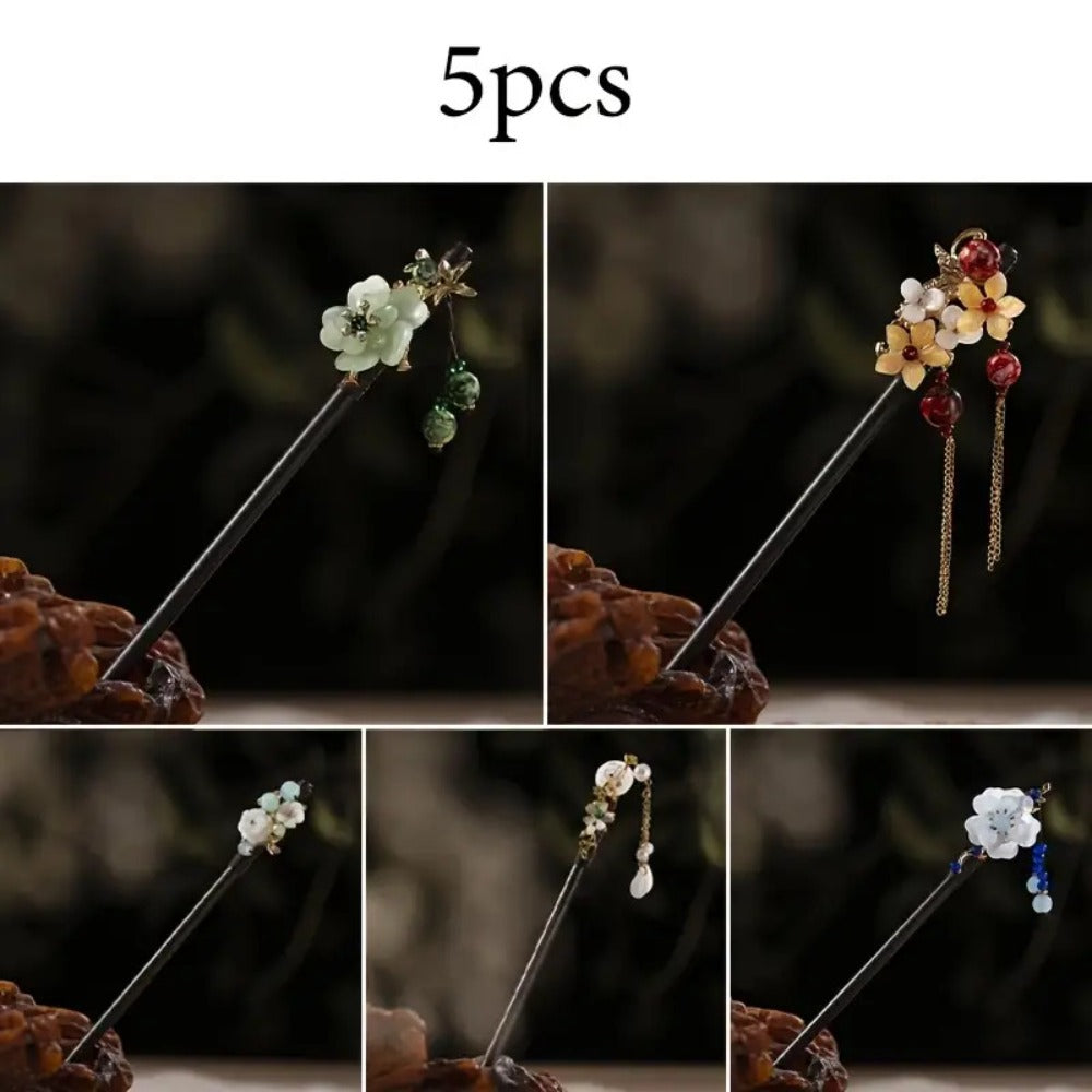 Hair Accessories Five-Piece Wooden Flower Hairpin Set in Mixed Finishes for Buns and Updos