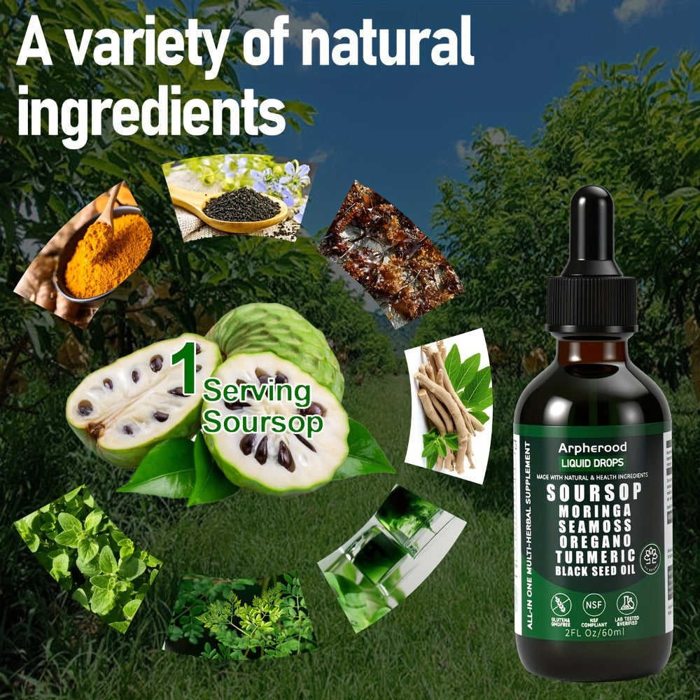 Soursop Graviola Liquid Drops 2 Fl Oz – Leaf & Fruit Blend with Sea Moss, Elderberry & Black Seed Oil | High-Potency Oral Drops for Immune Support, Digestive Health & Liver Wellness | Glass Bottle | Pack of 1, 2 or 3