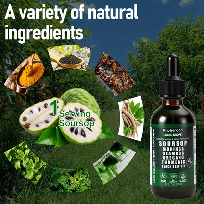 Soursop Graviola Liquid Drops 2 Fl Oz – Leaf & Fruit Blend with Sea Moss, Elderberry & Black Seed Oil | High-Potency Oral Drops for Immune Support, Digestive Health & Liver Wellness | Glass Bottle | Pack of 1, 2 or 3