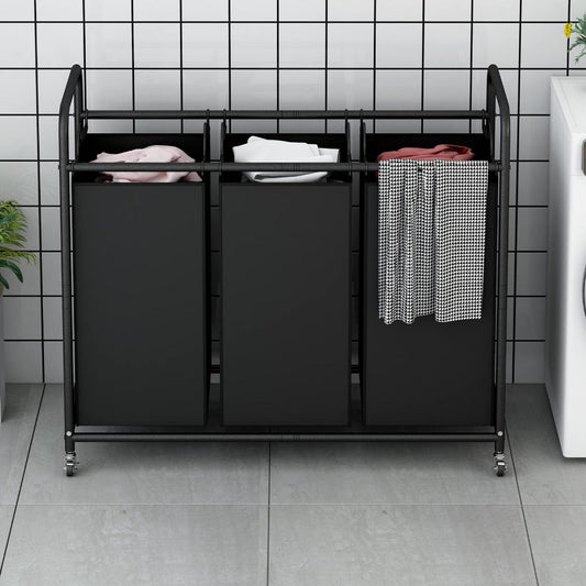 3-Bag Laundry Sorter Cart 63.4 Gallon – Rolling Hamper with Lockable Wheels & Removable Bags, Heavy-Duty Fabric Laundry Basket for Bedroom & Laundry Room, Black Gray Beige Brown