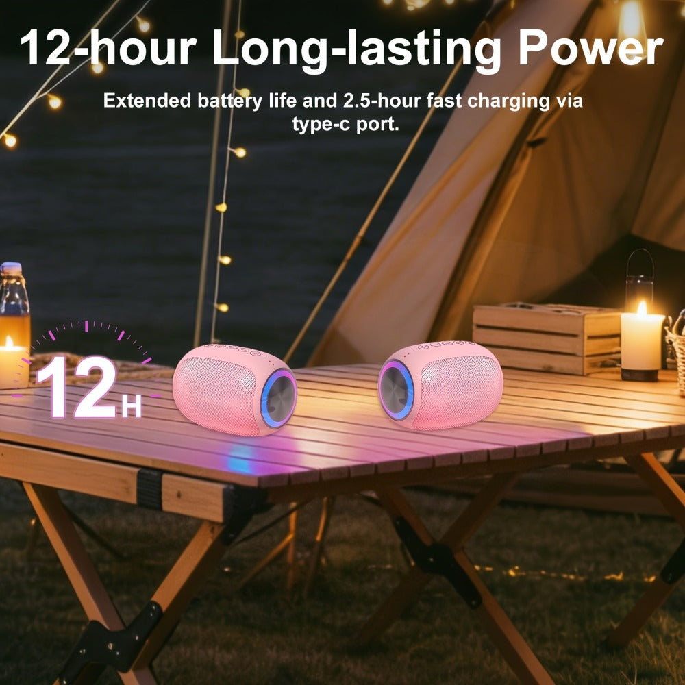 Portable Bluetooth Speaker Foubeak Pink Dual-Speaker Model with Colored LED Lights and Rechargeable Battery