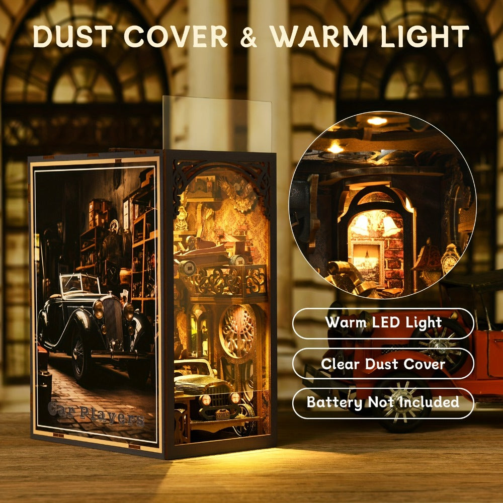 Car Players Book Nook Kit with 145-Piece Vintage Garage Scene, Warm Light and Clear Front Cover