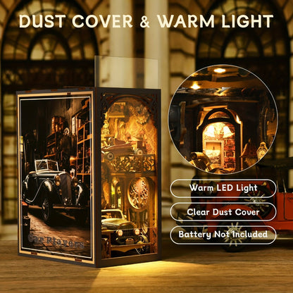Car Players Book Nook Kit with 145-Piece Vintage Garage Scene, Warm Light and Clear Front Cover