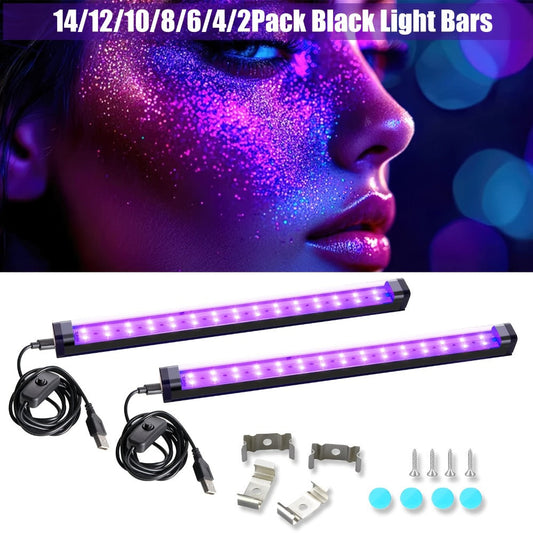 Black Light Bar UV LED Blacklight 10W 1ft - Magnetic UV Strip Light for Glow Party, Fluorescent Poster, Body Paint, Tapestry & Cabinet Display, 2/4/10/12/14 Pack Options