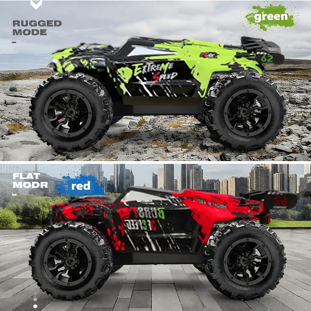 RC Monster Truck 4WD Green Off-Road Style Vehicle with LED Details, 2.4G Remote Controller and Treaded Tires