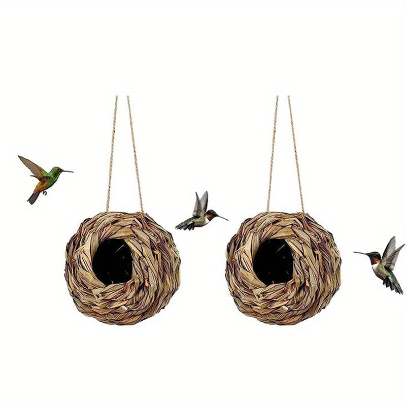 Two-Piece Woven Hanging Bird Nest Set with Round Openings and Optional Pair of Decorative Bird Figures