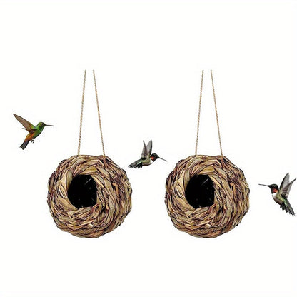 Two-Piece Woven Hanging Bird Nest Set with Round Openings and Optional Pair of Decorative Bird Figures