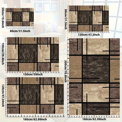 Area Rug Geometric Beige Brown 850 GSM Polyester Velvet in Four Machine-Washable Room Sizes