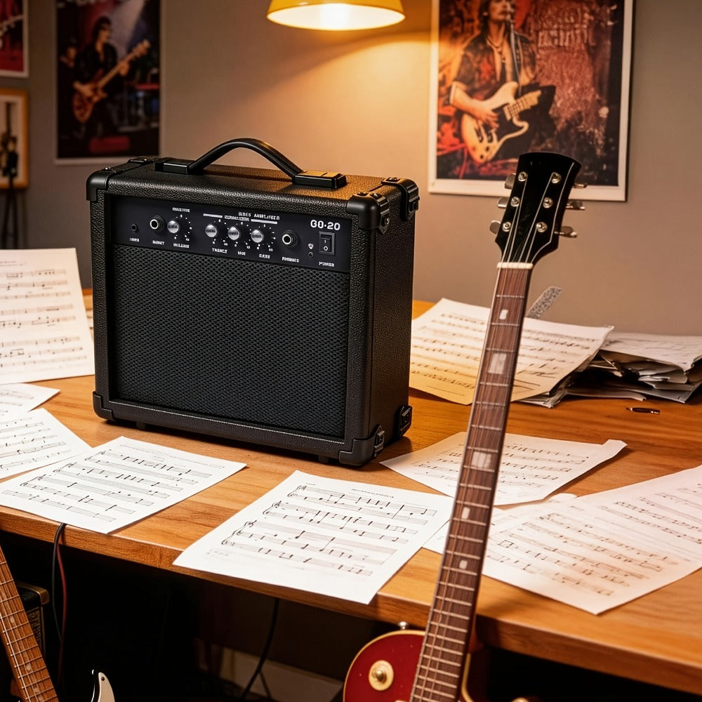20W Electric Bass Guitar Amplifier with 6.5-Inch Speaker, Volume Treble Bass Middle Controls, Headphone Output Jack, AUX Input for MP3, Portable Practice Amp for Beginner & Home Studio Use