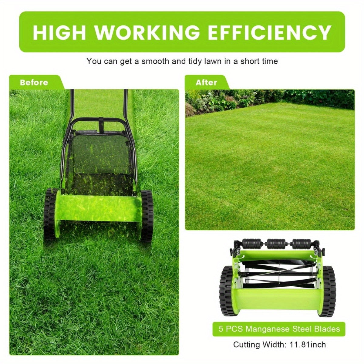 Manual Reel Lawn Mower 5-Blade Push Mower 11.8-Inch Cutting Width Adjustable Height 0.47"-1.77" with 6-Gallon Grass Catcher & Durable Steel Wheels for Residential Lawn