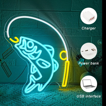 Fishing Neon Sign LED Wall Decor – Dimmable Multicolor Go Fishing Hook Neon Light for Man Cave, Bedroom, Tackle Shop, Bar & Game Room, Fly Fishing Gift & Unique Wall Art