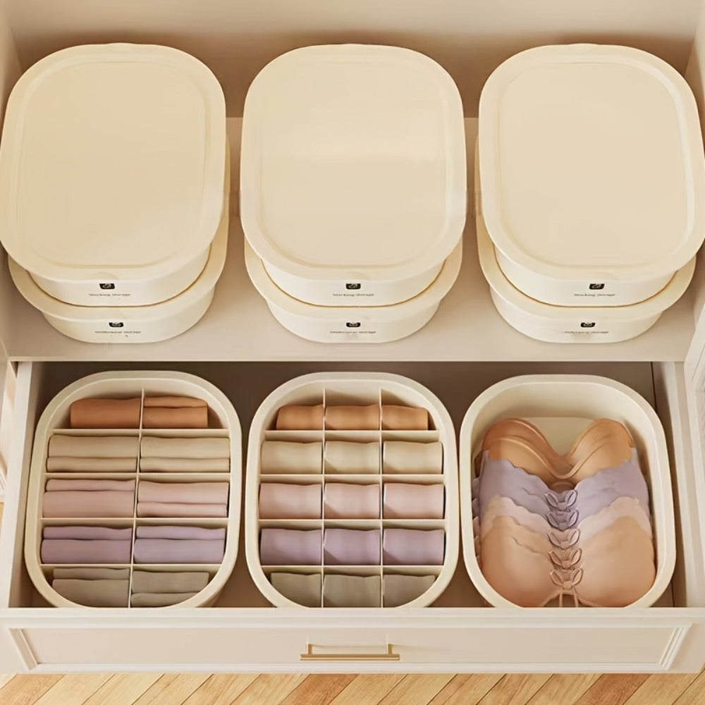 Three-Piece Beige Drawer Organizer Bin Set with Lidded Dividers for Underwear, Socks and Small Accessories