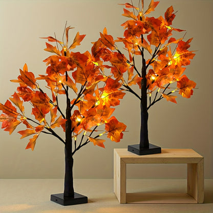 Two-Piece LED Maple Leaf Tree Light Set with 24 Warm Lights, Red Autumn Leaves and Black Branches