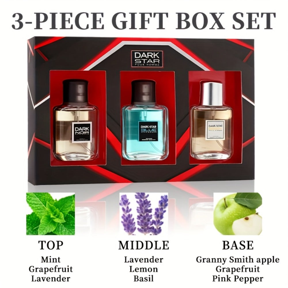 Men's Cologne Gift Set with Three 30ml Eau de Toilette Sprays in Blue, Amber and Clear Glass Bottles