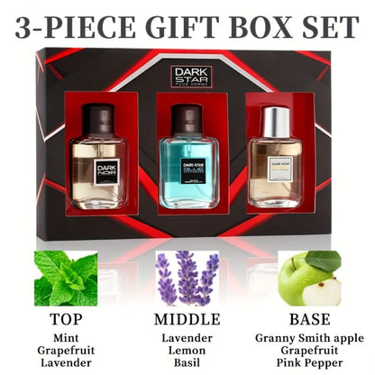 Men's Cologne Gift Set with Three 30ml Eau de Toilette Sprays in Blue, Amber and Clear Glass Bottles