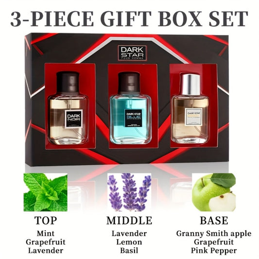 Men's Cologne Gift Set with Three 30ml Eau de Toilette Sprays in Blue, Amber and Clear Glass Bottles