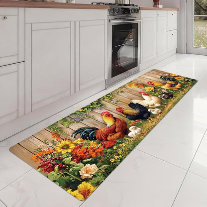 Rooster Farmhouse Kitchen Rugs in Round, Runner and 1- to 4-Piece Mat Set Size Options for Floors