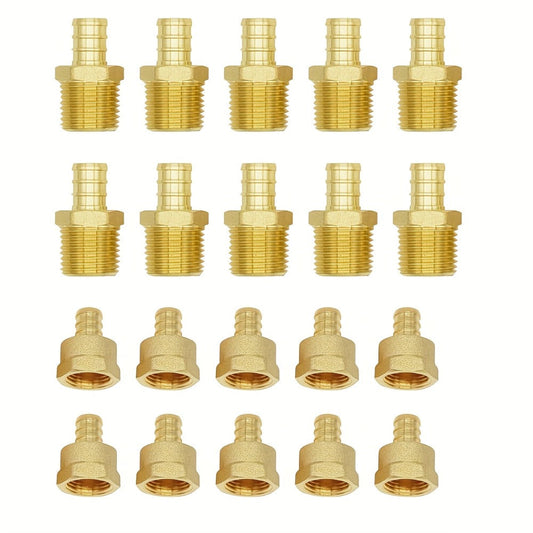 Brass PEX Crimp Adapters 20pcs - 10pcs 1/2" PEX x 1/2" Male NPT & 10pcs 1/2" PEX x 1/2" Female NPT Threaded Adapter, Crimp Fittings for PEX Pipe Plumbing Connections