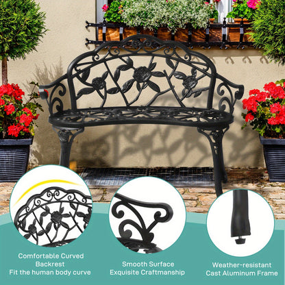 Floral Metal Outdoor Bench with 38.5in Rose-Pattern Seat and Back, Curved Arms and Four Color Options