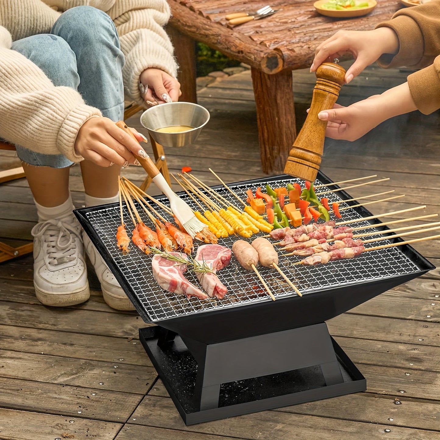 18.5-Inch Black Square Fire Pit and Grill with Mesh Pyramid Cover, Cooking Grate and Long Poker
