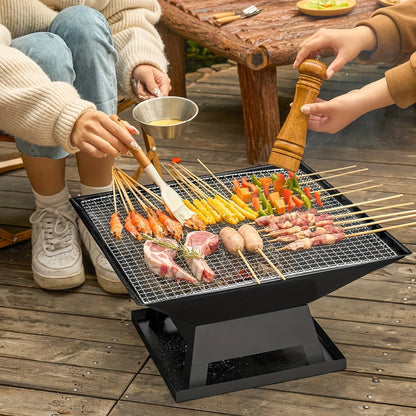 18.5-Inch Black Square Fire Pit and Grill with Mesh Pyramid Cover, Cooking Grate and Long Poker