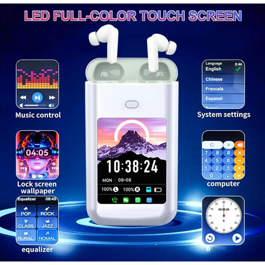 5000mAh Battery Wireless Earphones 3-in-1 HiFi Stereo LED Touch Screen Multiple EQ Modes Rechargeable Multimedia Earbuds for Travel Outdoor Work Black White