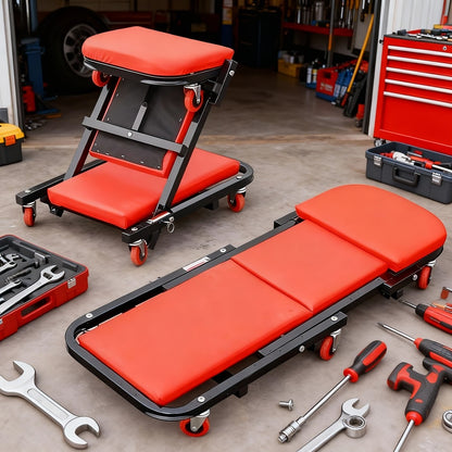 Rolling Mechanic Creeper Stool 300 lb – Foldable Z-Shape 3-in-1 Crawler Seat & Sliding Work Stool with 6 Swivel Casters, Thick Padded Cushion, for Car Truck Motorcycle Repair (Red / Grey)